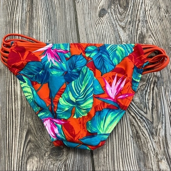 XHILARATION Red Tropical Print Bikini Bottom Blue Green Leaves Strappy Sides - Picture 3 of 8